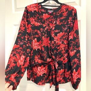 Vince Camuto Women Medium Floral V-Neck Long Sleeve Front Tie Blouse Top